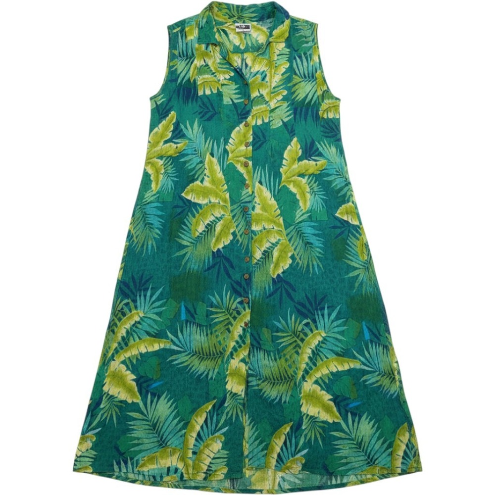 Phool Womens Green Tropical Palm Leaf Rayon Sleeveless Button Front Maxi Dress M